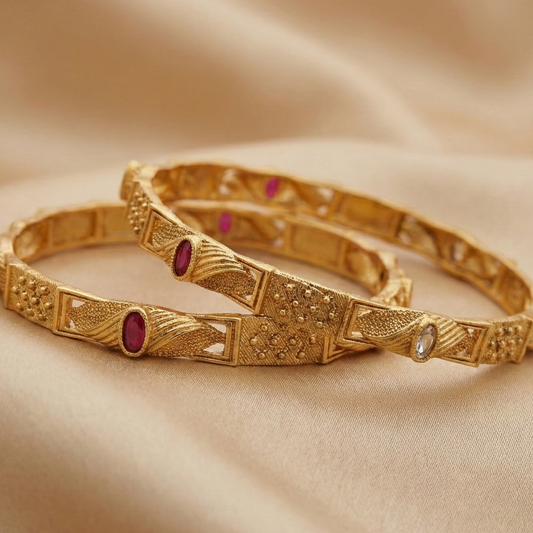 Beautiful Designer Bangles With Ruby Stones Pack Of 2 Pis ( 1 Pair )