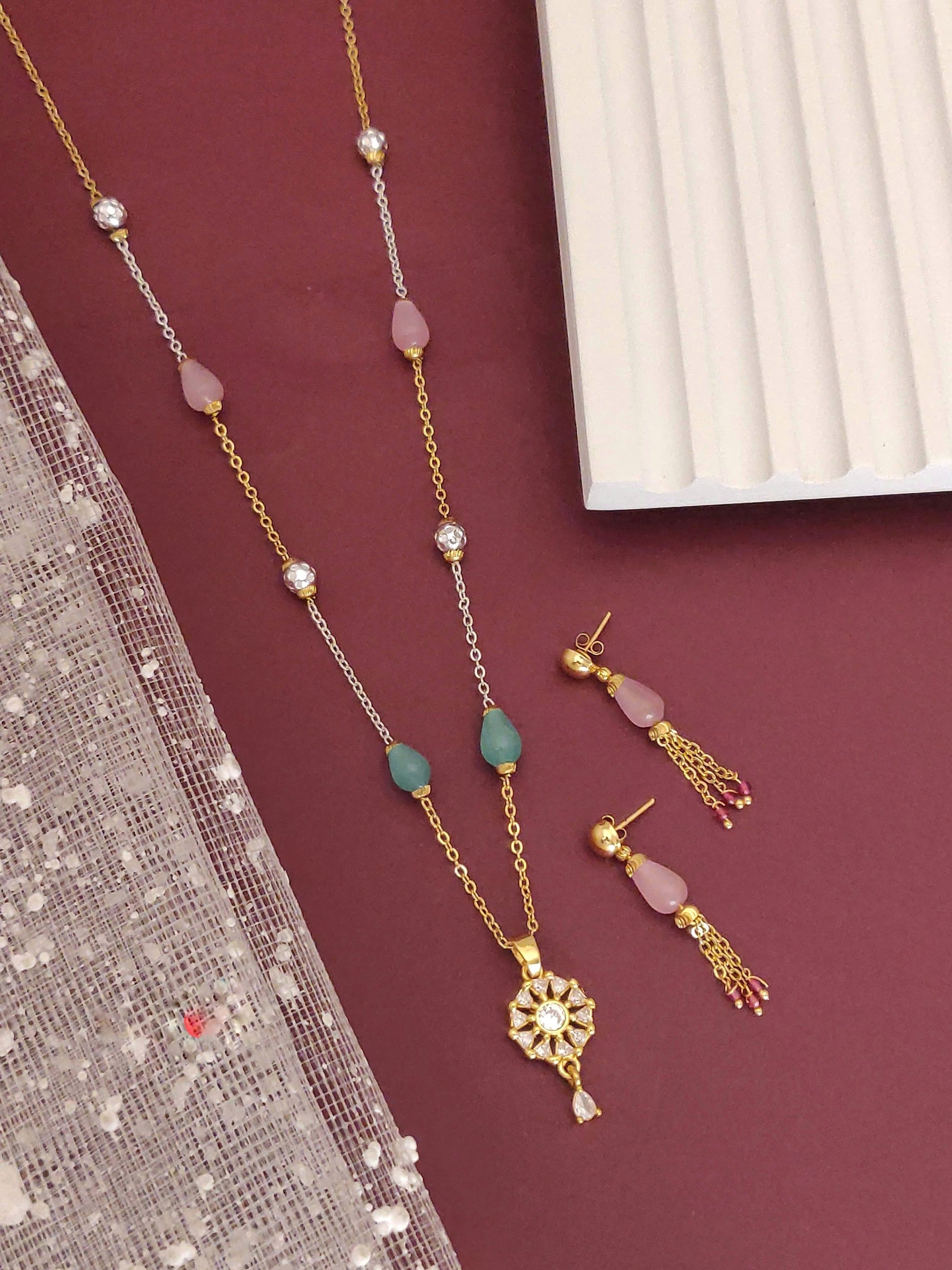 Stylish Silver-Gold Mala With Earrings With Micro Gold