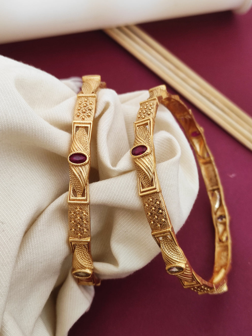 Beautiful Designer Bangles With Ruby Stones Pack Of 2 Pis ( 1 Pair )