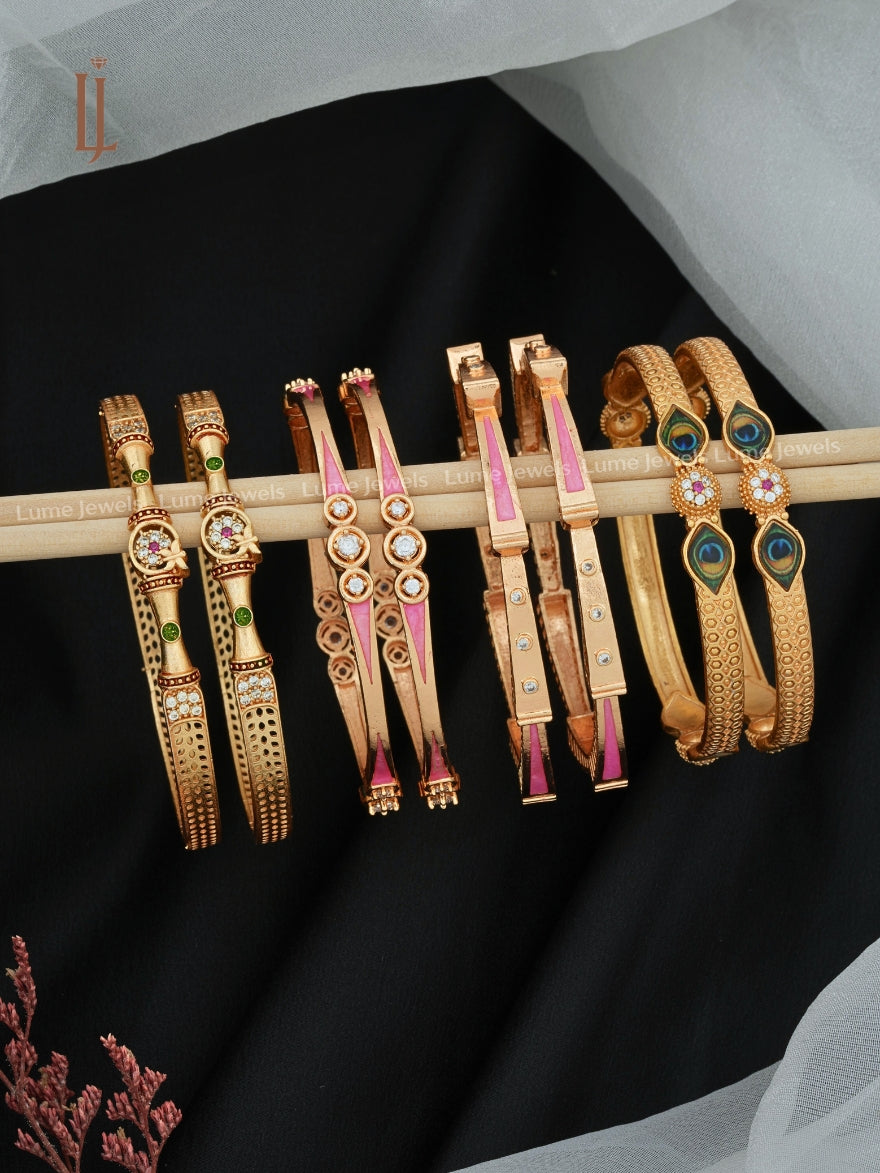 Combo of 4 Fancy Bangles Online Shopping | Peacock Feather Designer & Slim Meena Bangles