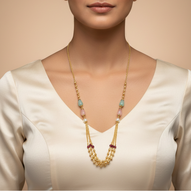 Beautiful Monalisa Mala With Layered Chain With Micro Gold Finish