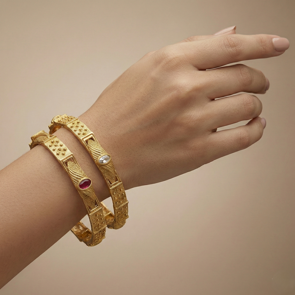 Beautiful Designer Bangles With Ruby Stones Pack Of 2 Pis ( 1 Pair )