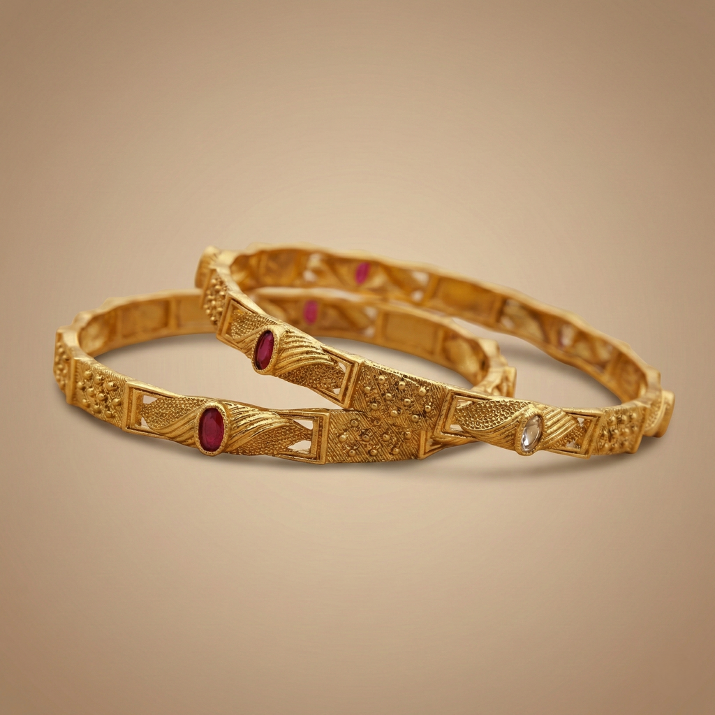 Beautiful Designer Bangles With Ruby Stones Pack Of 2 Pis ( 1 Pair )
