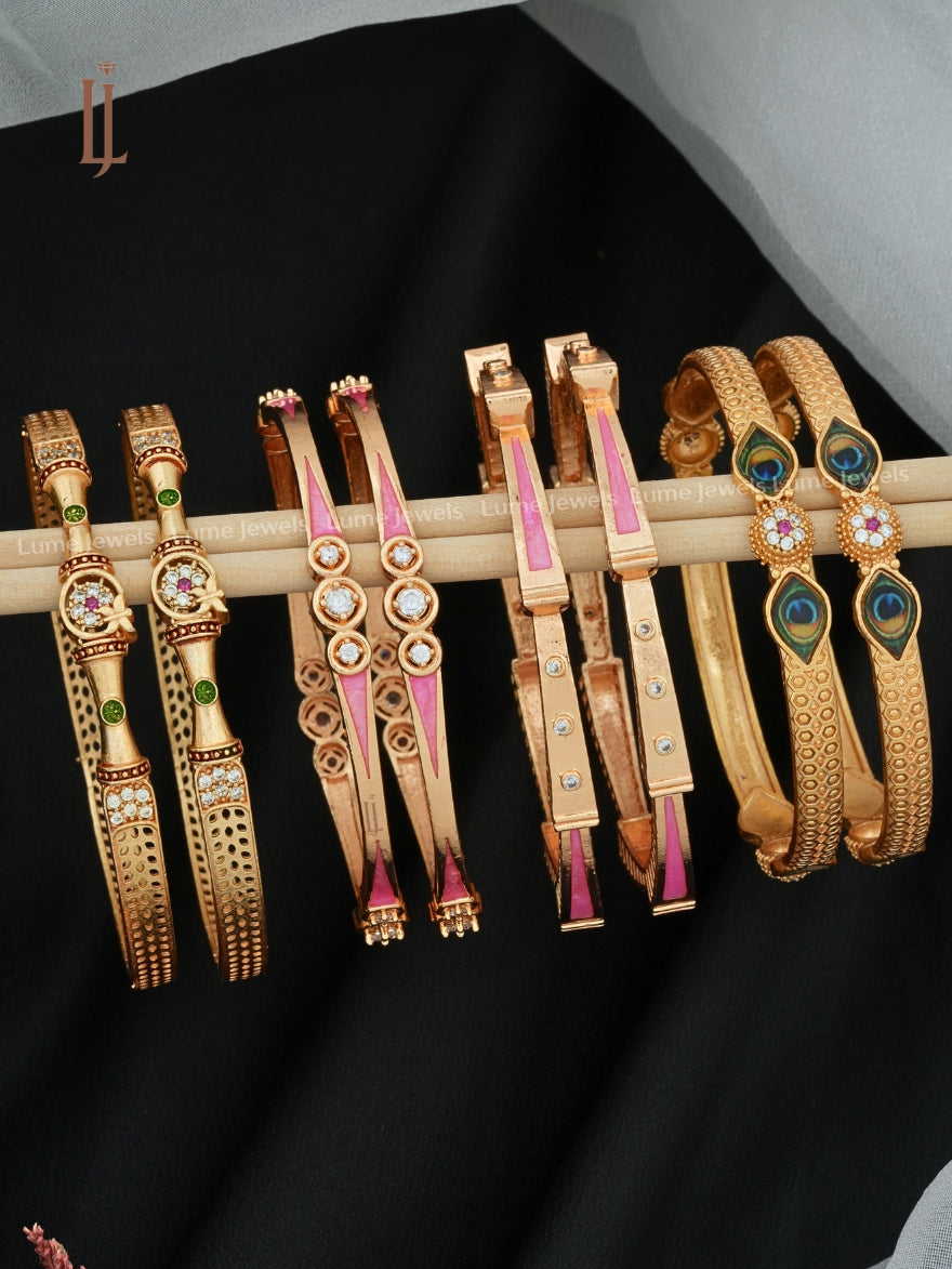 Combo of 4 Fancy Bangles Online Shopping | Peacock Feather Designer & Slim Meena Bangles