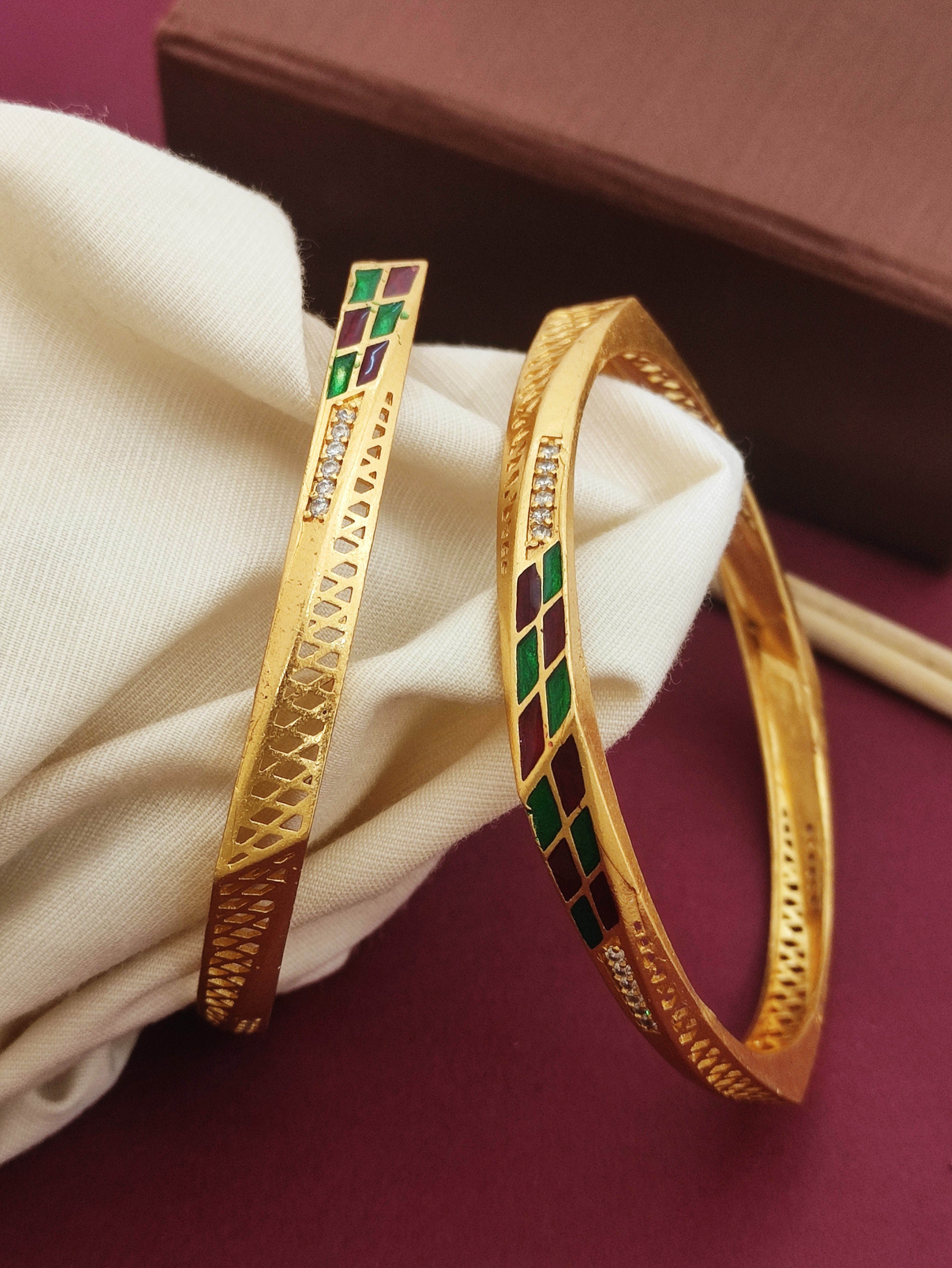 Stylish 3D Minawork Square Shape Bangles With Micro Gold Finish Pack Of 2 Pis ( 1 Pair )