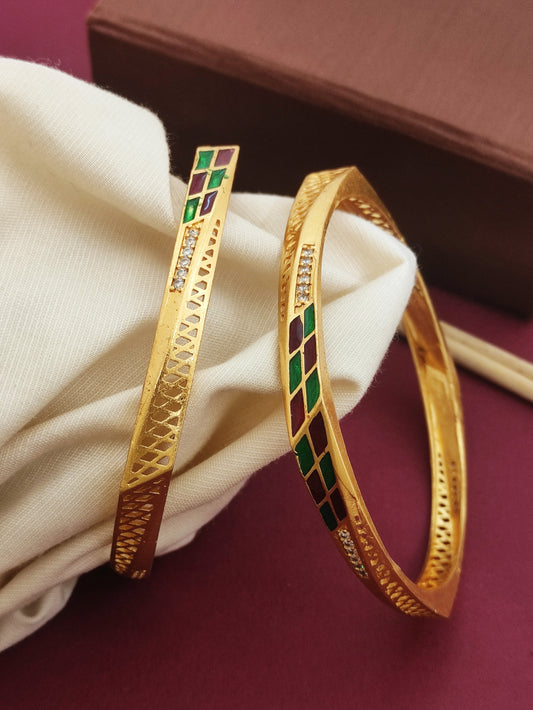 Stylish 3D Minawork Square Shape Bangles With Micro Gold Finish Pack Of 2 Pis ( 1 Pair )