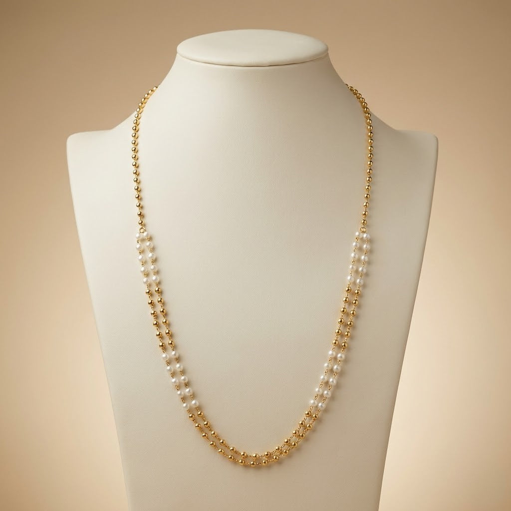 Stylish Two Layer Mala With Gold- White Beads With Micro Gold