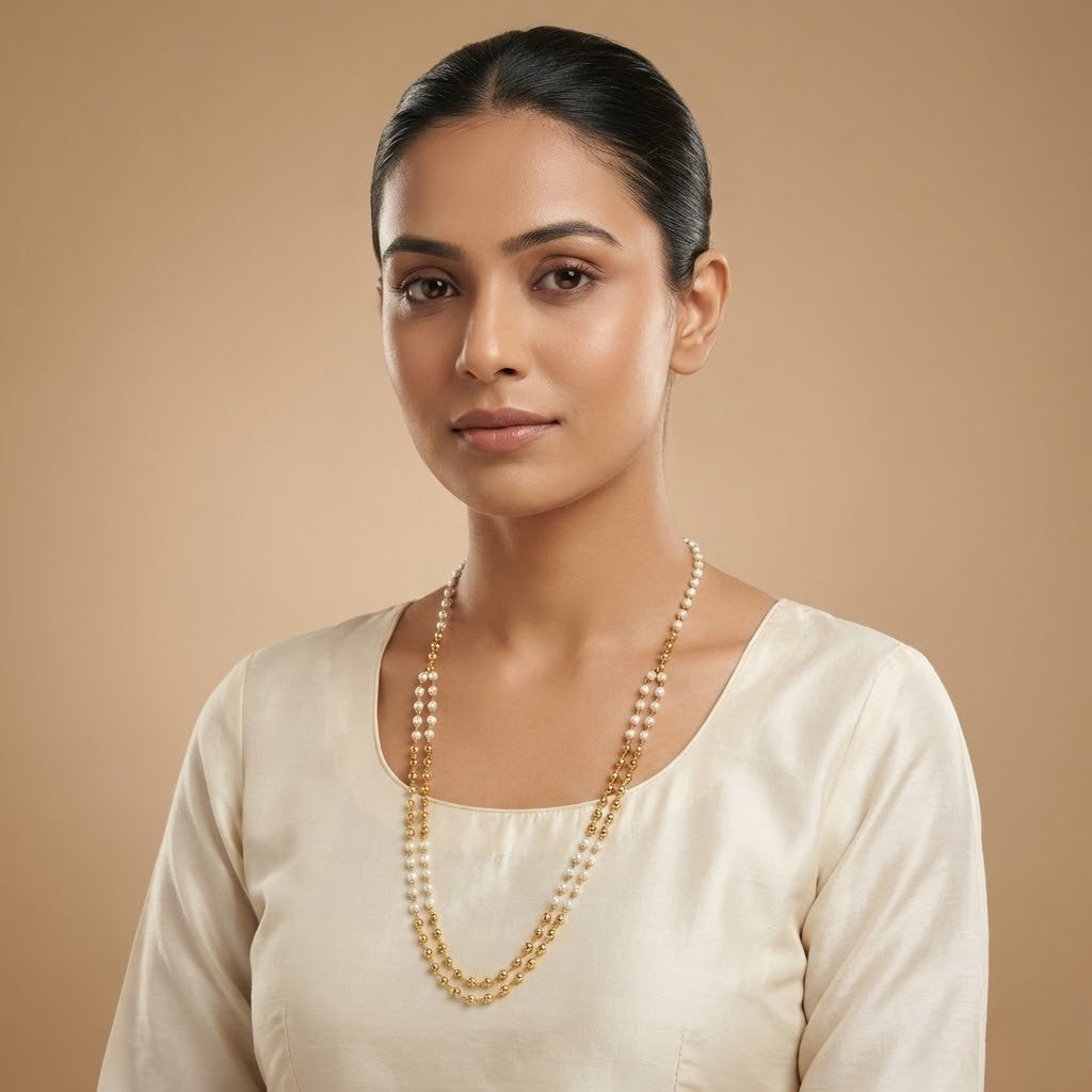 Stylish Two Layer Mala With Gold- White Beads With Micro Gold